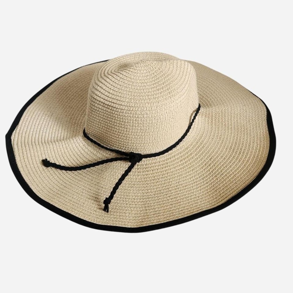 Wide brim Straw Sun Hat with Black Cord Elastic Strap Tan Black Beach Summer